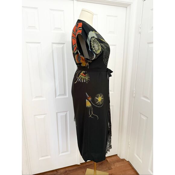 Dries Van Noten Pleated Black Kimono Sleeve Asymmetric Wrap Midi Dress 38 - Picture 3 of 9